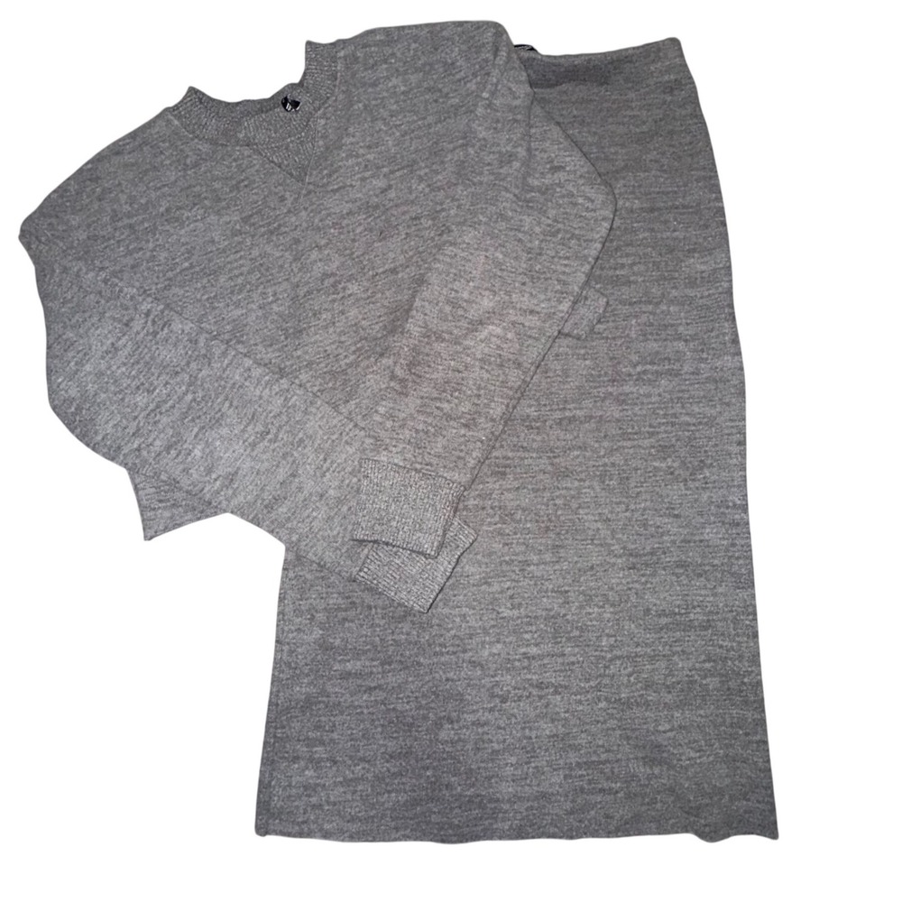 ZARA Knit 2pc Skirt Set Womens S Gray Cropped Sweater Midi Skirt Minimalist - Picture 2 of 10